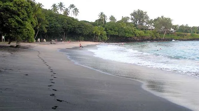 Grey-gold sand and shade trees at Hamoa Beach near Hana, Maui.