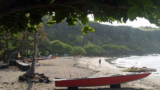An outrigger canoe resting under the trees at Hookena Beach Park in South Kona.