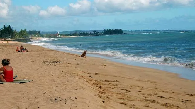 Sunbathers on the wide sand at Kekaha Beach Park on Kauai’s west side.