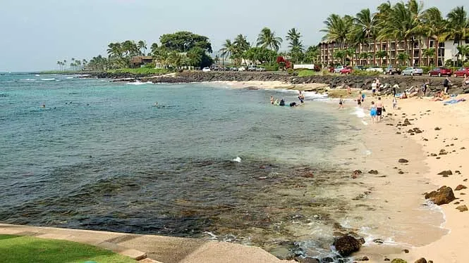 Snorkelers in the small reef cove at Lawai Beach, in front of the Poipu condos.