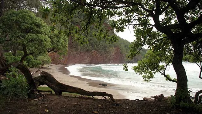 The red cinder hillside above Koki Beach near Hana, Maui.