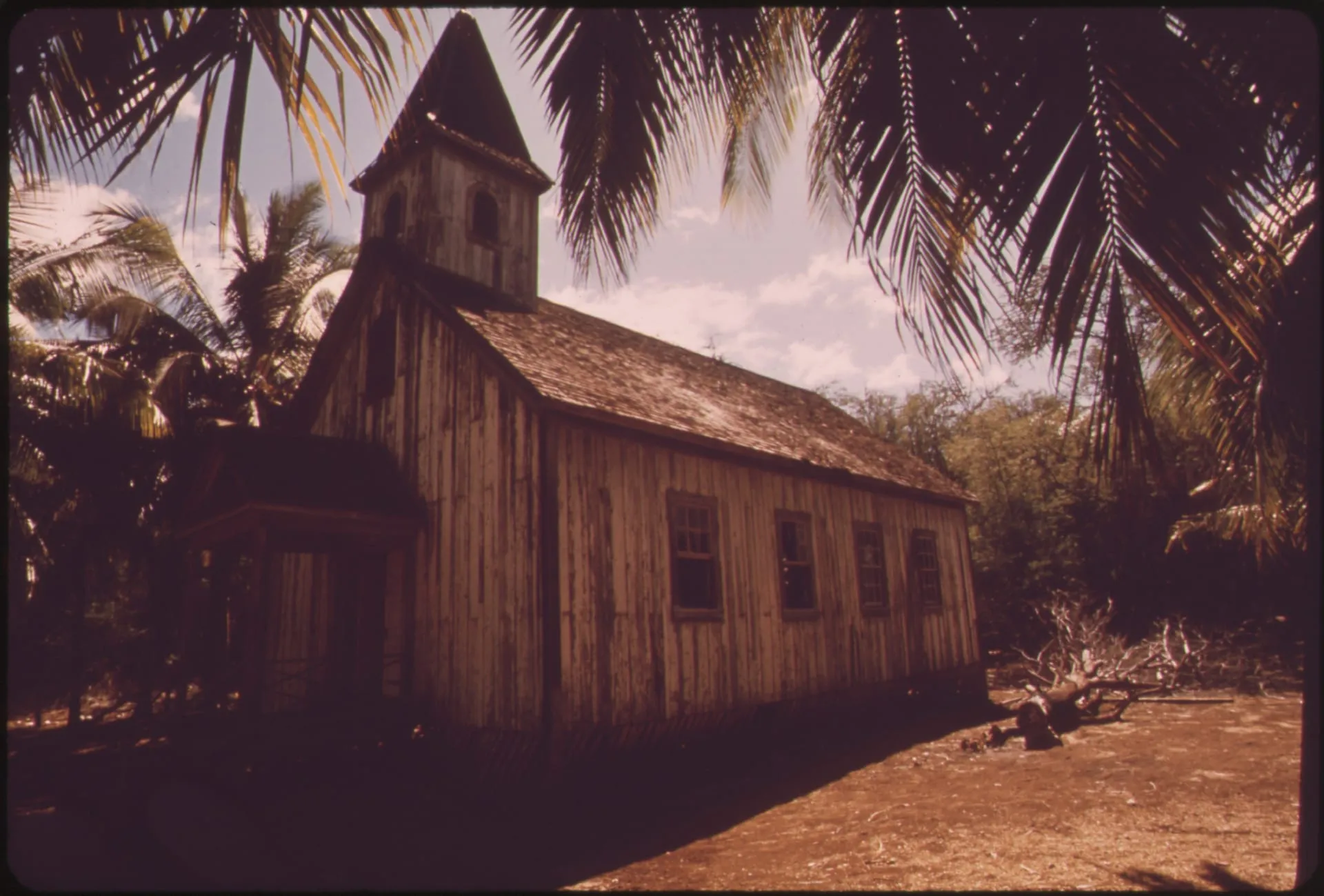 The old wooden church at Keomuku, the abandoned village on Lanai’s east shore, photographed in 1973.