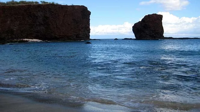 Lava sea stacks standing off the shore at Shark’s Bay on Lanai’s south coast.