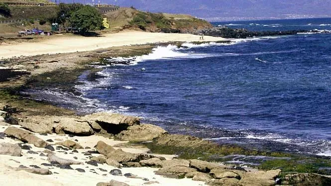Ho’okipa Beach Park’s reef and rocky shore seen from the lookout above.