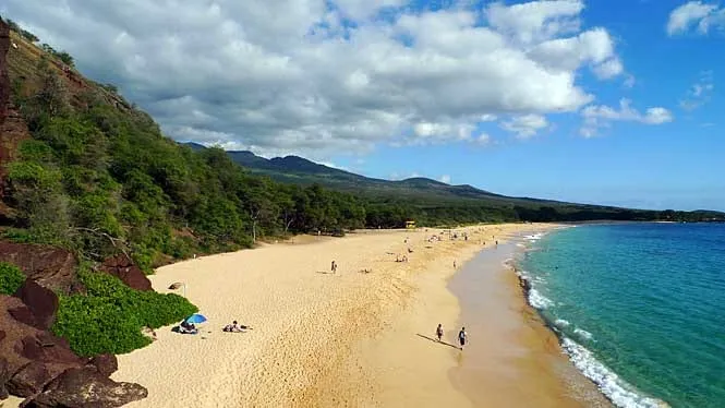 The long sweep of Big Beach at Makena State Park, seen from the rise at its northern end.