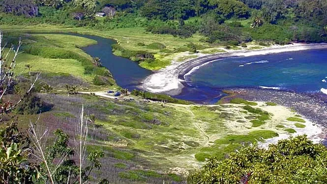 Halawa Bay from above, with the stream meeting the sea at the mouth of the valley.