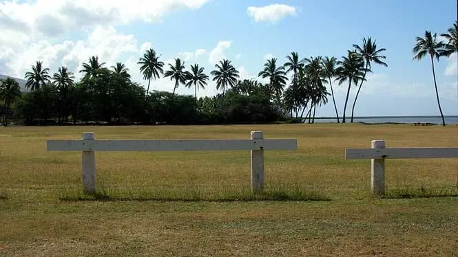 Picnic tables on the lawn under coconut palms at One Alii Beach Park, Molokai.