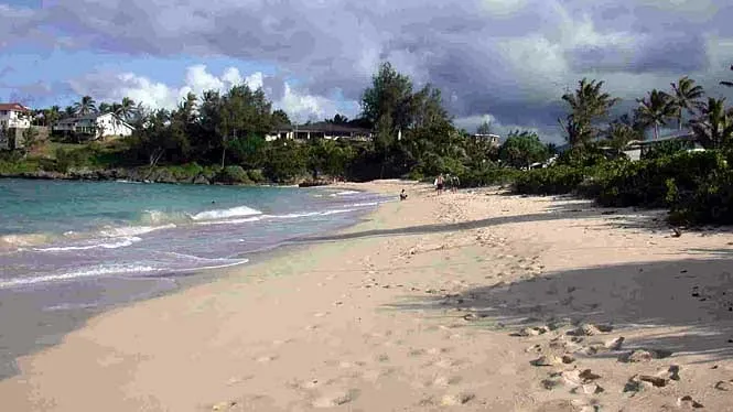 Footprints on the sand at Hukilau Beach, Laie, with beach houses under the trees.
