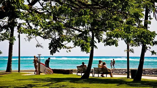 Beachgoers under the trees on the lawn at Kapiolani Beach Park, Waikiki.