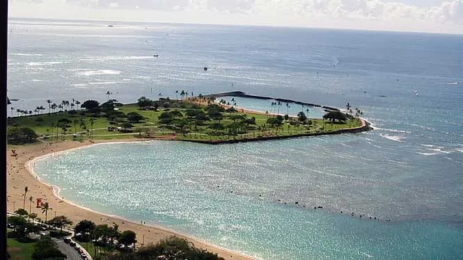Magic Island’s lagoon and peninsula at Ala Moana seen from above.