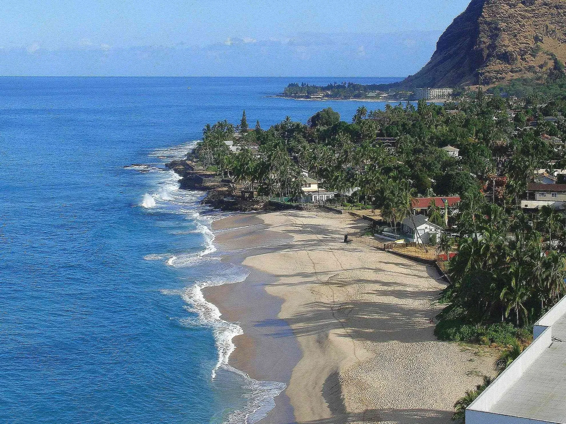 Makaha Beach Park and the Waianae coast from above, with the ridge behind.