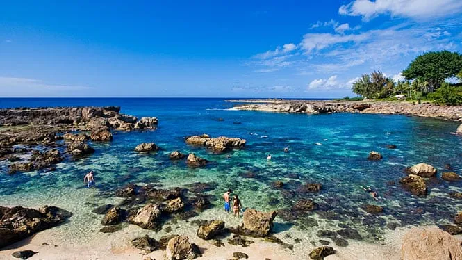 Snorkelers in the tide pools and clear water of Shark’s Cove at Pupukea Beach Park.
