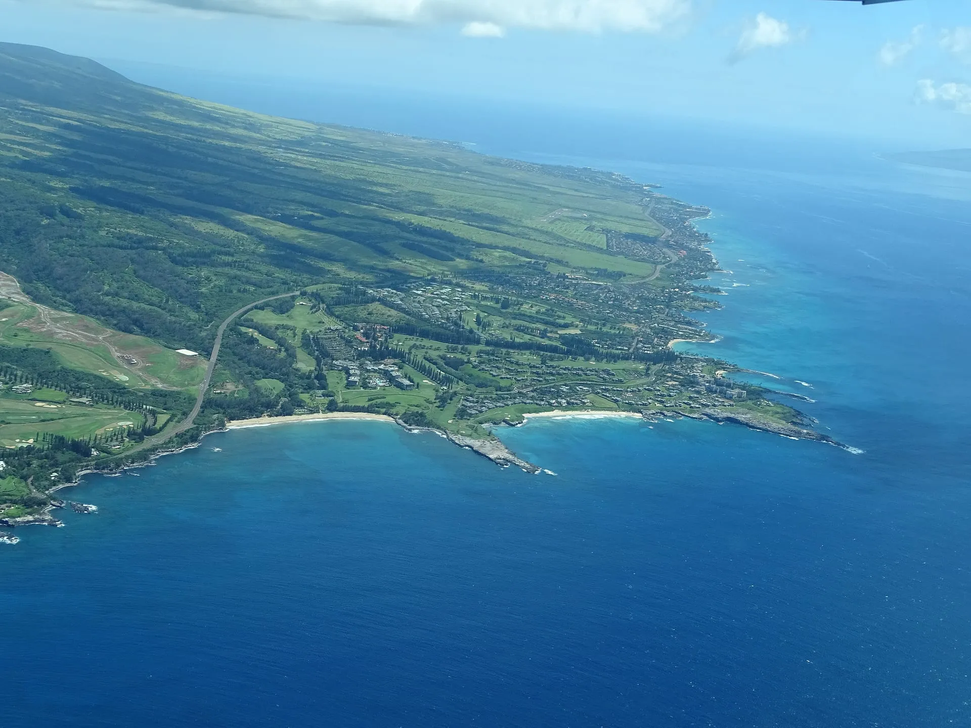 Aerial view of Oneloa Bay and its beach near Kapalua, West Maui.
